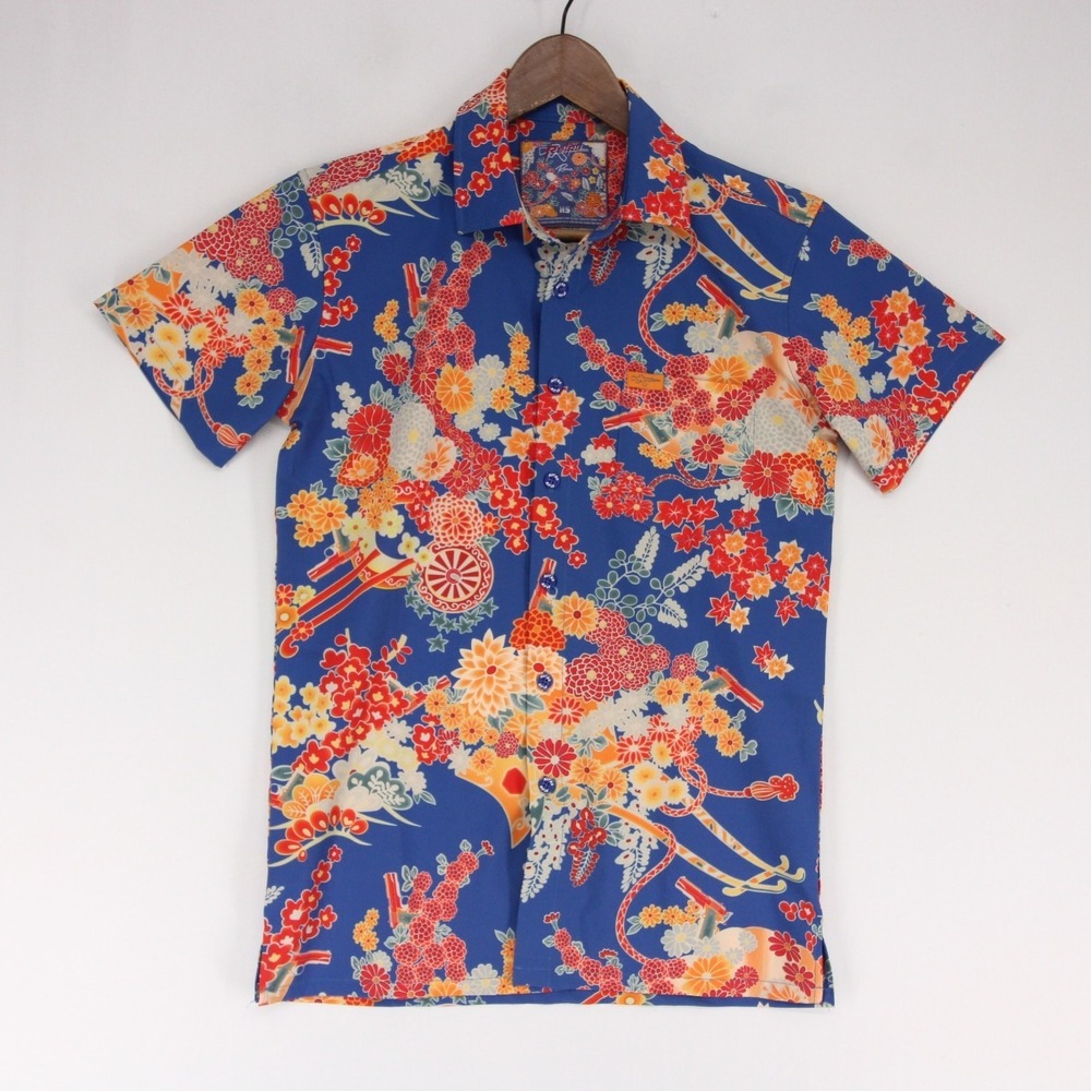 Retro Rifle Romeo Shirt Mens XS Blue Floral Print Short Sleeve Button Down